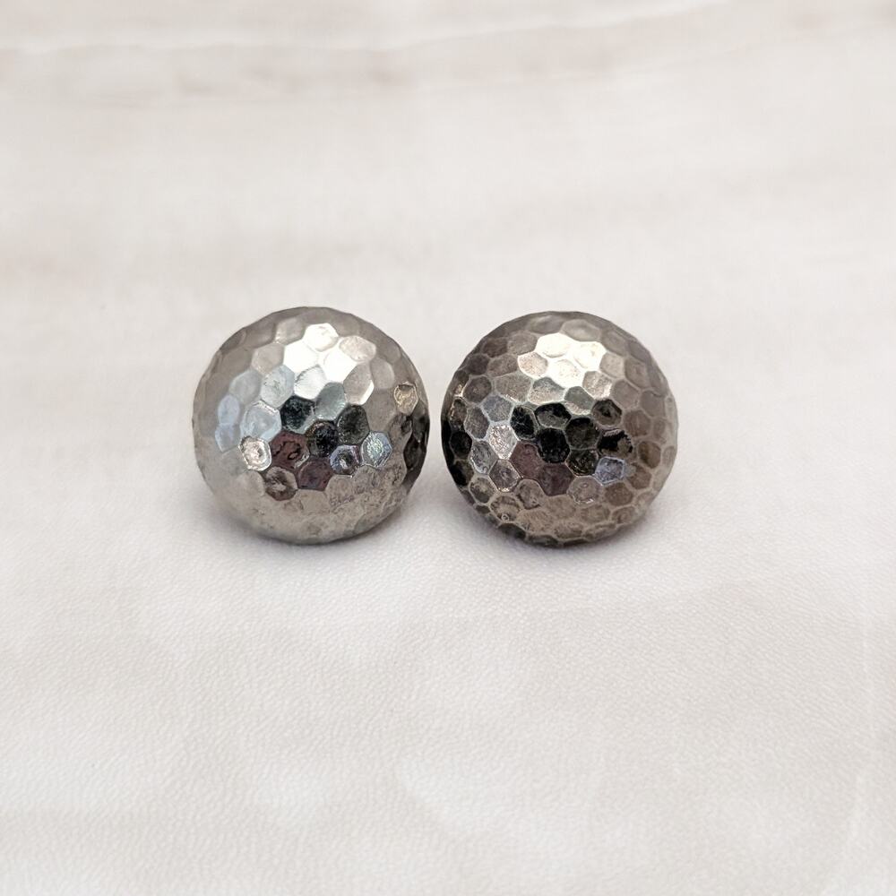 Vintage Clip On Earrings 7/8" Domed Circle Silver Tone Hammered - Tarnished